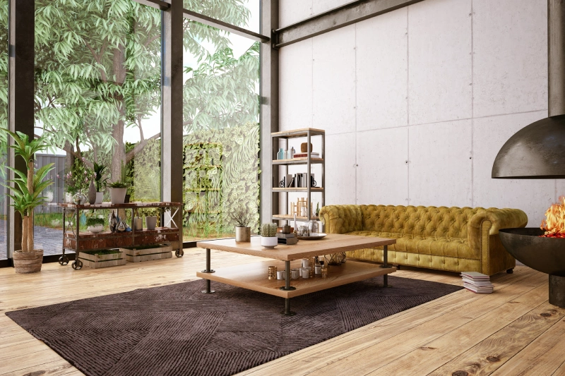 duży przestrony salon z brązowym dywanem