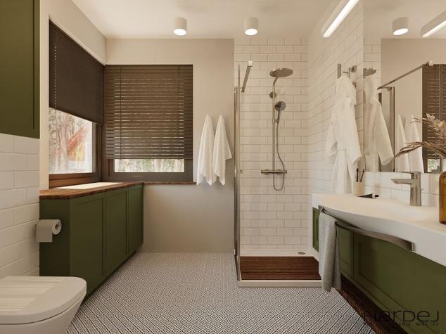 łazienka płytki podłoga patchwork zielone meble